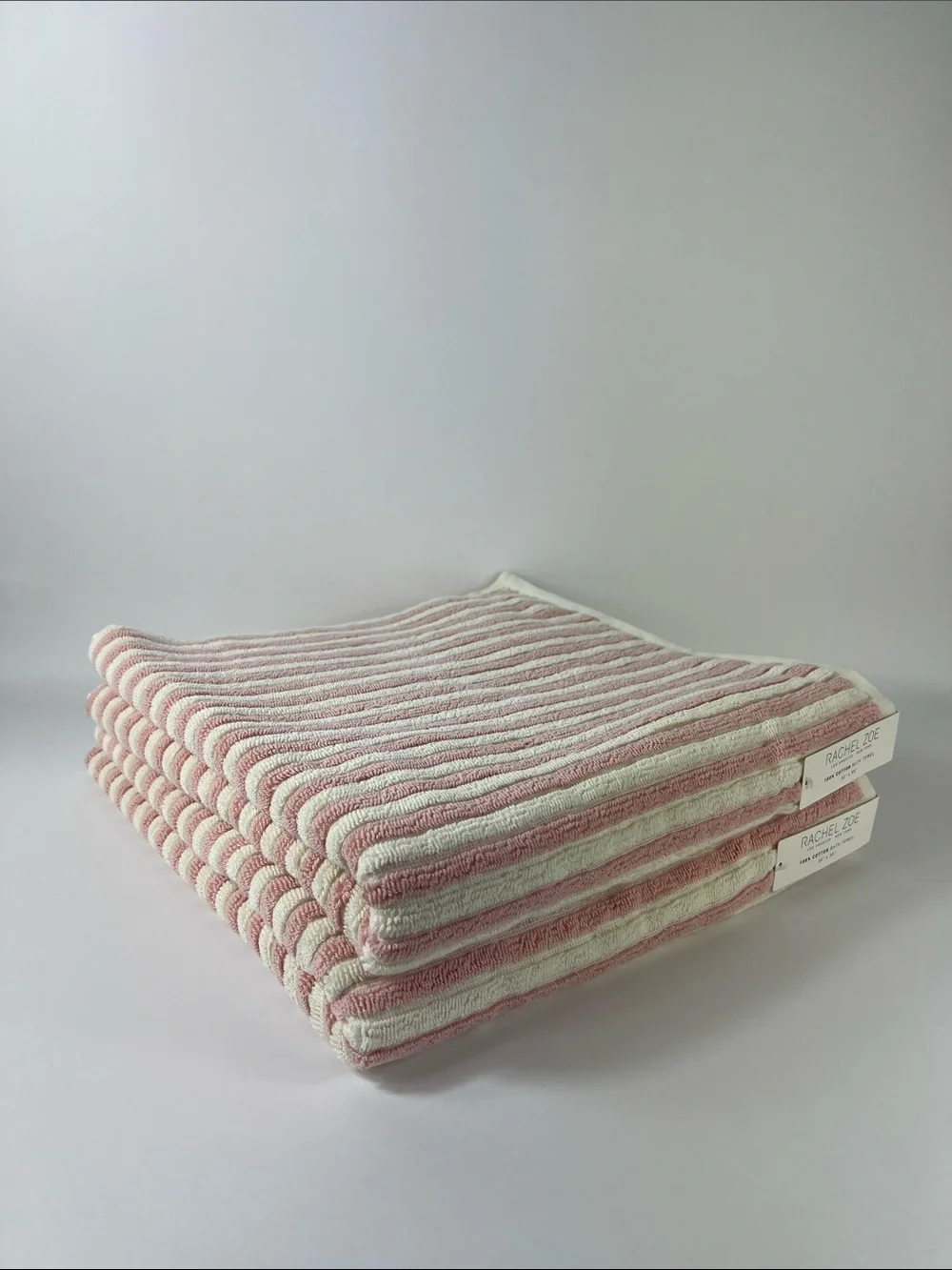 Rachel Zoe Pink and Cream Striped Cotton Bath Towels - Set of 2 NEW